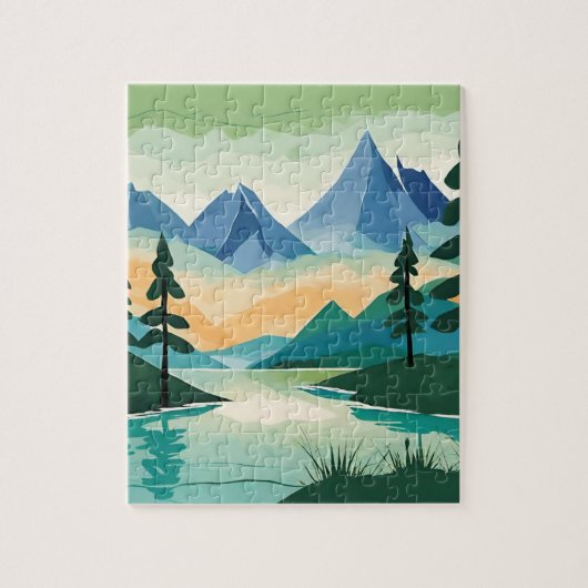 山の風景 自然 川の景色 絵 ジグソーパズル (縦)