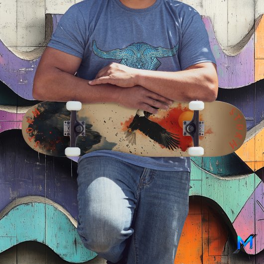 山はっきりしたの上の炎の空のイーグル、レトロ野生 スケートボード