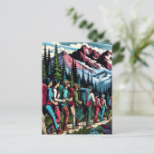 山をハイキングする人々をバックパッキング ポストカード (スタンド正面)