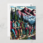 山をハイキングする人々をバックパッキング ポストカード (正面/裏面)