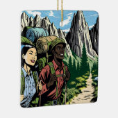 山を抜けるバックパッキング夫婦ハイキングトレイル セラミックオーナメント (右)