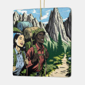 山を抜けるバックパッキング夫婦ハイキングトレイル セラミックオーナメント (左)