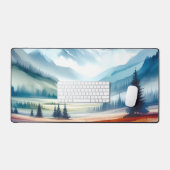 山を背景とした水彩穏やかな渓谷 デスクマット (キーボード&マウス)
