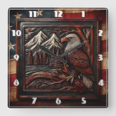 山を背景にした鷲の彫刻 スクエア壁時計 (正面)