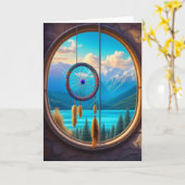 山を見下ろす窓のドリームキャッチャー カード (黄色い花)