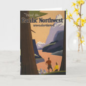 山を見渡すヴィンテージ旅行のポスター カード (黄色い花)