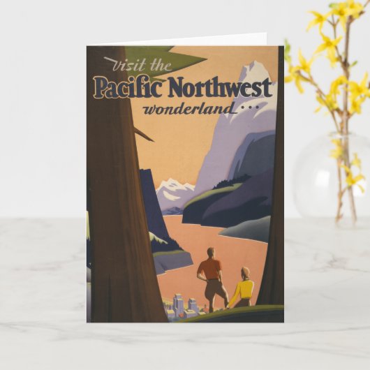 山を見渡すヴィンテージ旅行のポスター カード (黄色い花)