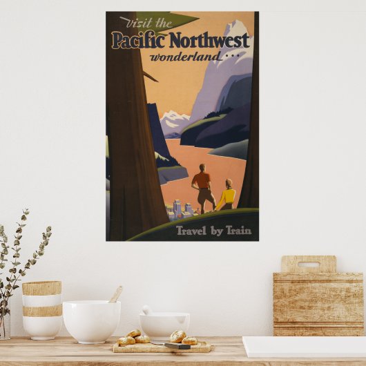 山を見渡すヴィンテージ旅行のポスター ポスター (キッチン)