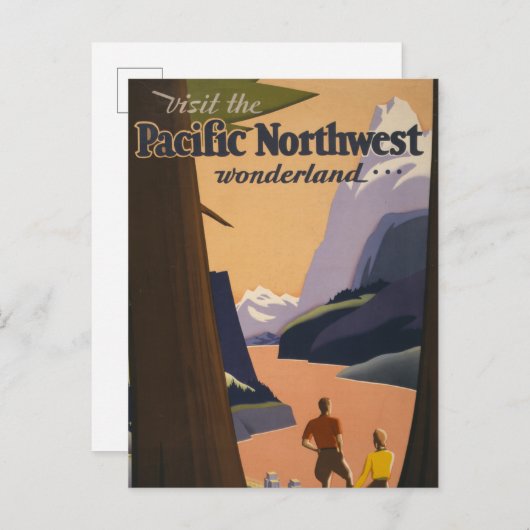 山を見渡すヴィンテージ旅行のポスター ポストカード (正面/裏面)