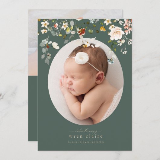 山エレガント草の卵形写真誕生のお知らせ 招待状 (正面/裏面)