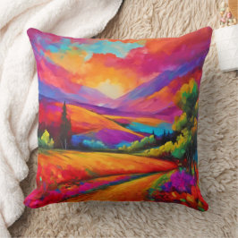 山カラフルの夕日の風景絵を描ズ クッション