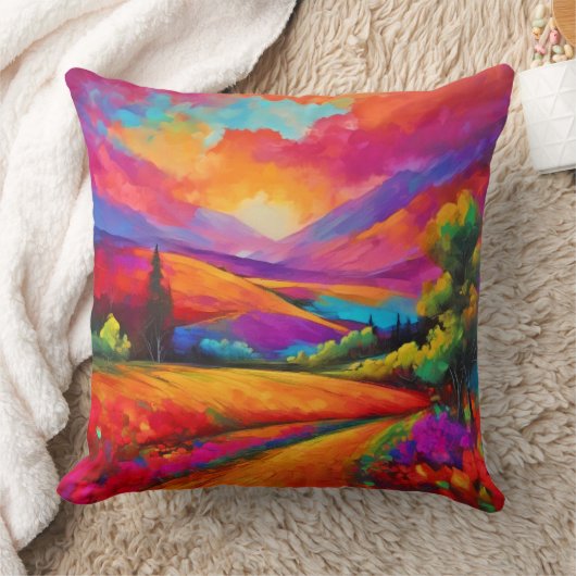 山カラフルの夕日の風景絵を描ズ クッション (ブランケット)