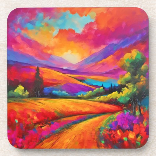 山カラフルの夕日の風景絵を描ズ コースター (正面)