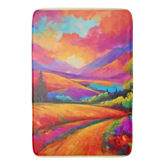 山カラフルの夕日の風景絵を描ズ バスマット (正面縦)