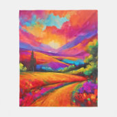 山カラフルの夕日の風景絵を描ズ フリースブランケット (正面)