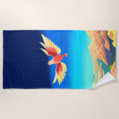 山カラフル飛んでいるの上の鳥 ビーチタオル (正面)
