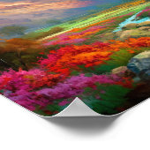 山カラフル、青い空、花と川 ポスター (角)