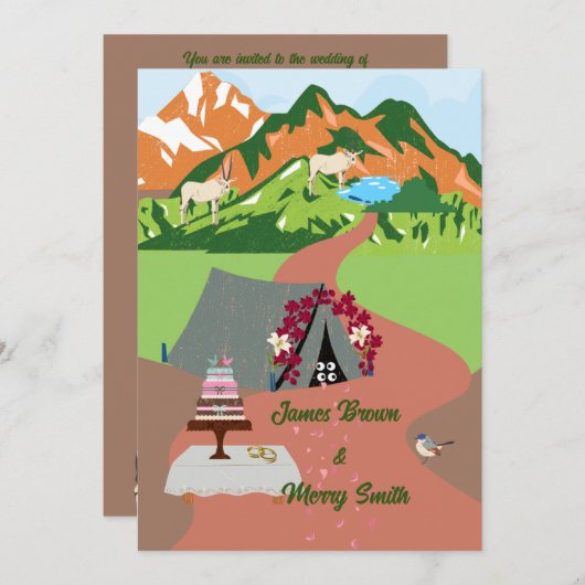 山テントアイケーキリングや輪結婚動物 招待状 (正面/裏面)