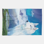 山パーソナライズされたを持つハスキー犬 キッチンタオル (横)