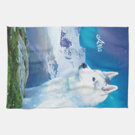 山パーソナライズされたを持つハスキー犬 キッチンタオル