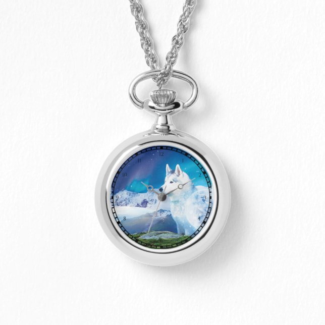 山パーソナライズされたを持つハスキー犬 腕時計 (正面)