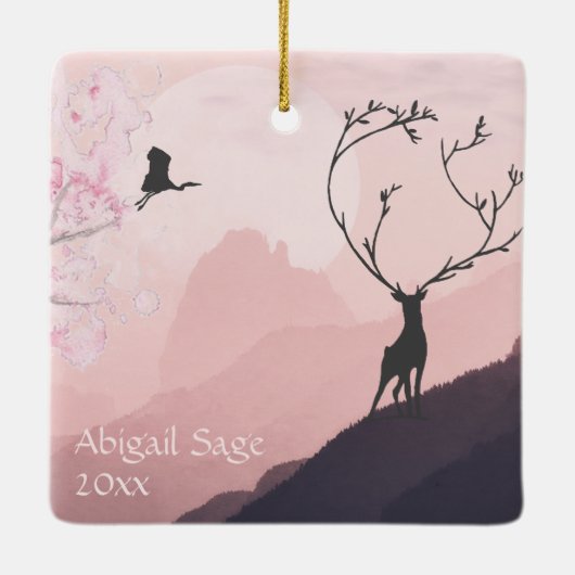 山パーソナライズされた日本の野生生物クリスマス セラミックオーナメント (裏面)