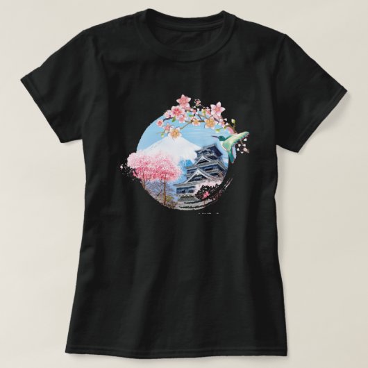 山フジジャパンお寺と桜の木 Tシャツ (デザイン正面)