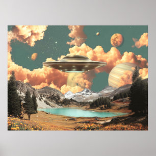 山上の湖と惑星を伴うシュールなUFO ポスター
