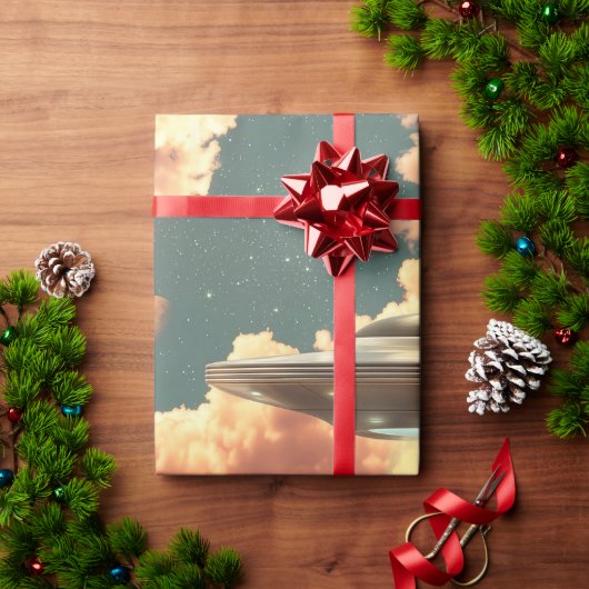 山上の湖と惑星を伴う超現実的なUFO ラッピングペーパー (クリスマスギフト)
