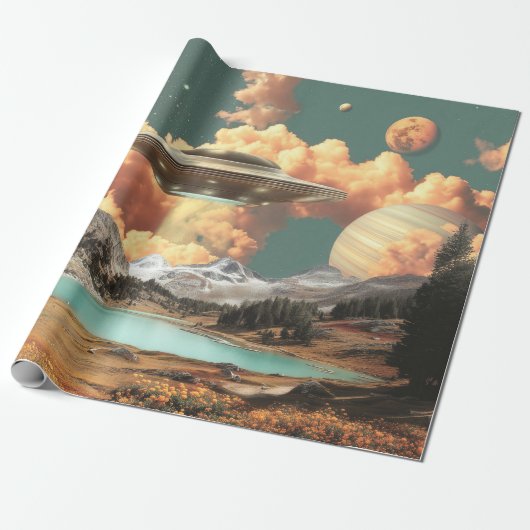 山上の湖と惑星を伴う超現実的なUFO ラッピングペーパー (アンロールド)