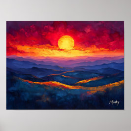 山並みに沈む鮮やかな夕日 – 抽象的な風景 ポスター