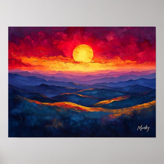 山並みに沈む鮮やかな夕日 – 抽象的な風景 ポスター (正面)