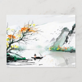 山中国の湖の漁師 ポストカード