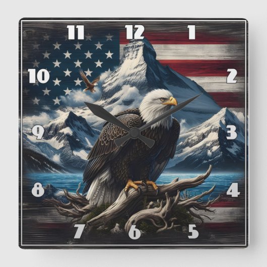 山威厳のあるとアメリカ国旗の上のワシ スクエア壁時計 (正面)