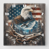 山威厳のあるとアメリカ国旗の中のワシ スクエア壁時計 (正面)