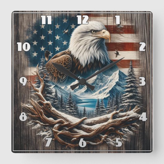山威厳のあるとアメリカ国旗の中のワシ スクエア壁時計 (正面)