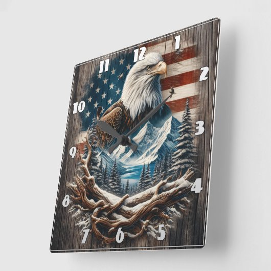 山威厳のあるとアメリカ国旗の中のワシ スクエア壁時計 (傾斜)