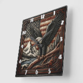 山威厳のあるとアメリカ国旗を持つワシ スクエア壁時計 (傾斜)