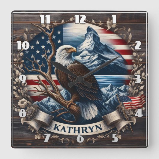 山威厳のあるとアメリカ国旗を持つワシ スクエア壁時計 (正面)