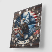 山威厳のあるとアメリカ国旗を持つワシ スクエア壁時計 (傾斜)