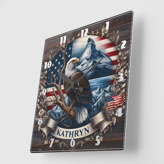 山威厳のあるとアメリカ国旗を持つワシ スクエア壁時計 (傾斜)