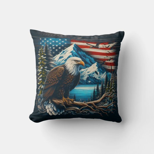山威厳のあると旗で覆われたワシ クッション (正面)