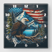 山威厳のあると旗で覆われたワシ スクエア壁時計 (正面)