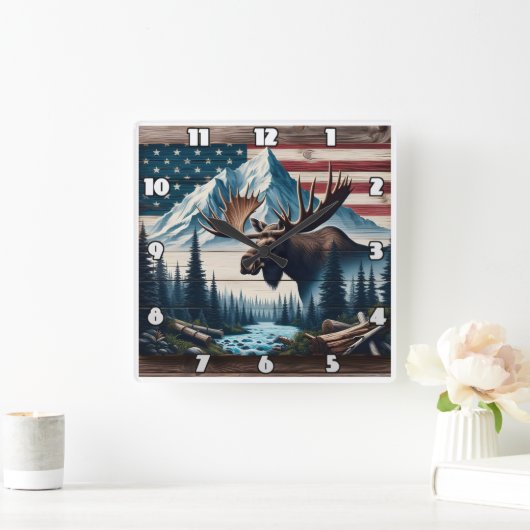 山威厳のあると旗の前でムース スクエア壁時計 (ホーム)