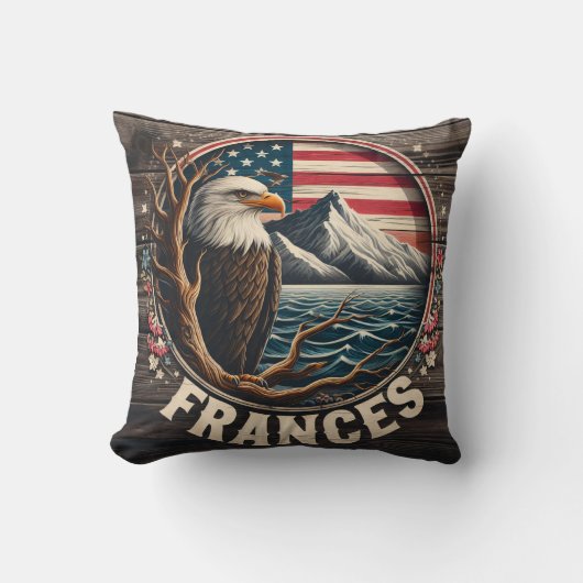 山威厳のあると旗の背景を持つワシ クッション (正面)