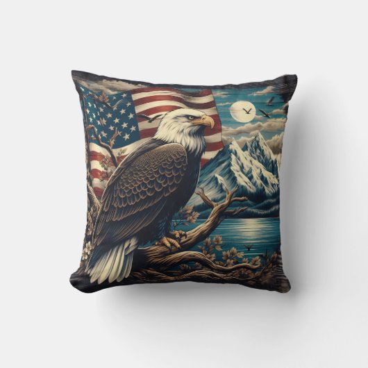 山威厳のあると旗の近くに止まったワシ クッション (正面)