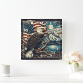 山威厳のあると旗の近くに止まったワシ スクエア壁時計 (ホーム)