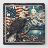 山威厳のあると旗の近くに止まったワシ スクエア壁時計 (正面)