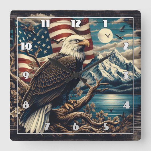 山威厳のあると旗の近くに止まったワシ スクエア壁時計 (正面)