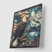 山威厳のあると旗の近くに止まったワシ スクエア壁時計 (傾斜)